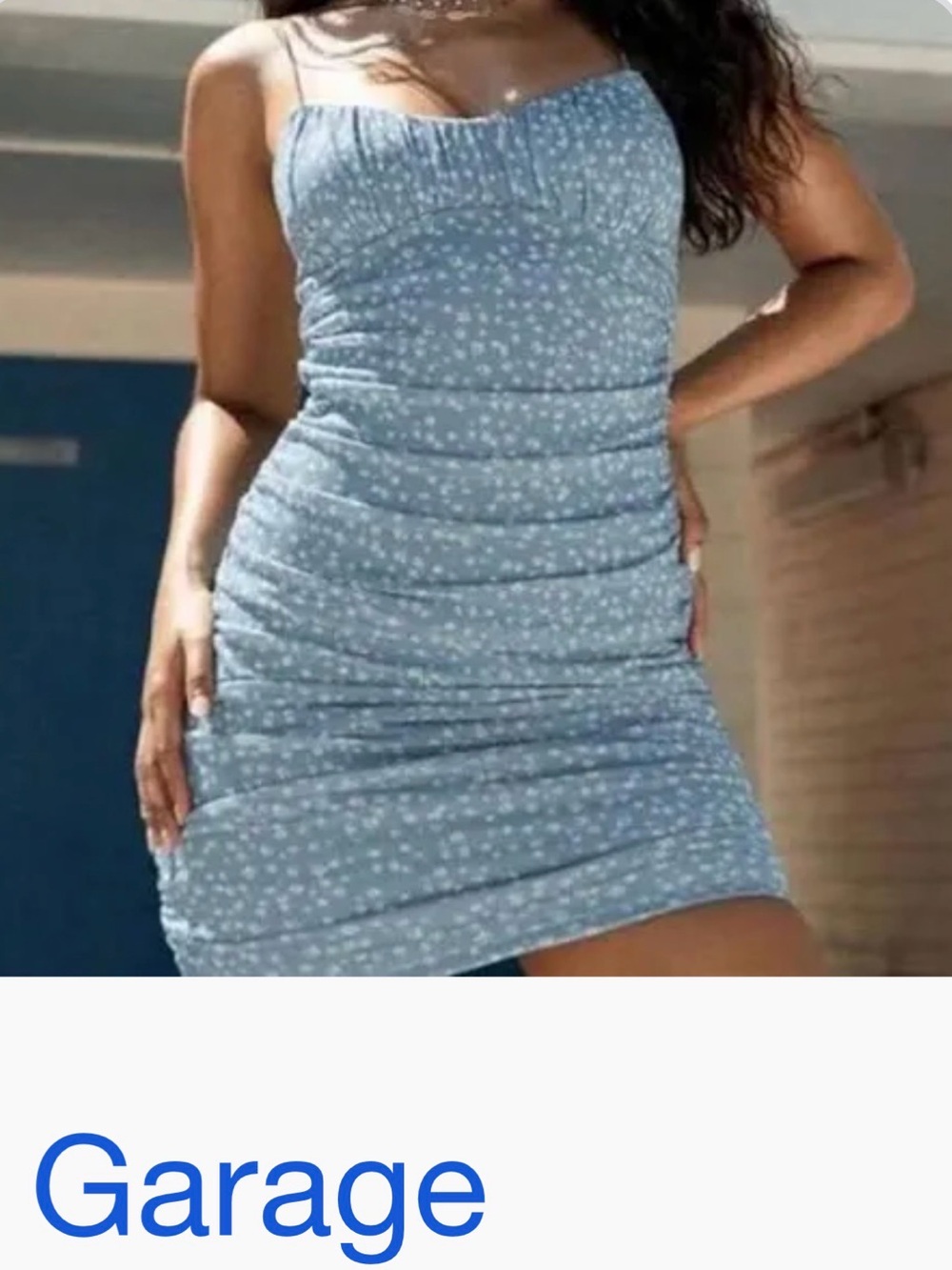 Garage Light Blue Floral Ruched Spaghetti Strap Mini Dress
